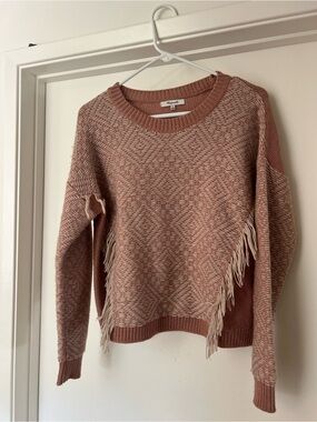 Madewell Two-Tone Fringe Crewneck Sweater - Dusty Rose & Cream